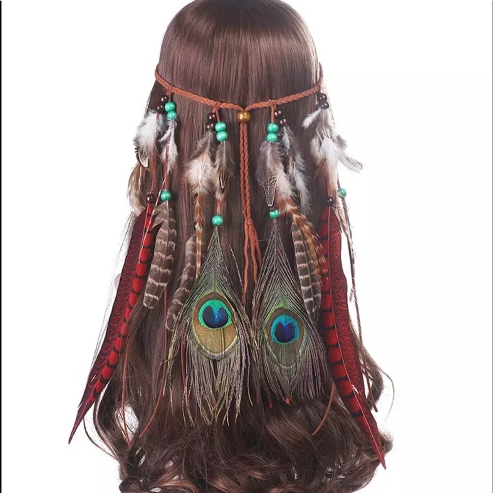 NIP Boho Peacock Red Hawk Feather Suede Headband - Picture 1 of 5